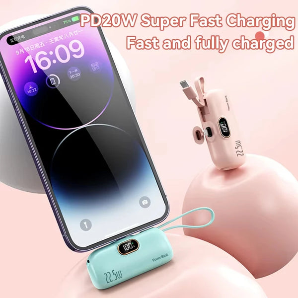 Phone with power bank and charger on a pink background, highlighting fast charging capabilities.