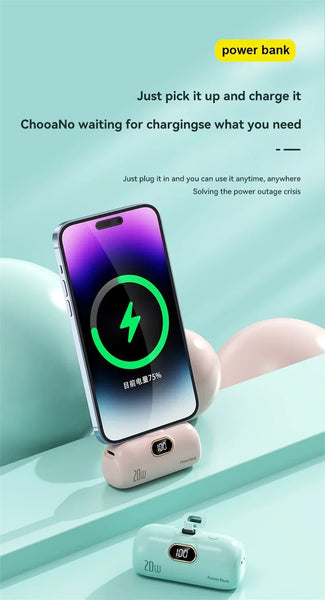 Power bank with smartphone on a light blue background