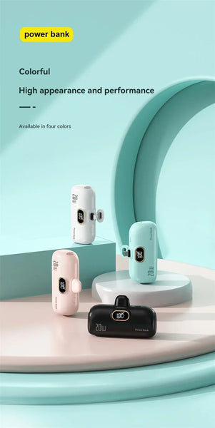Colorful power banks on a modern design background with text about appearance and performance.