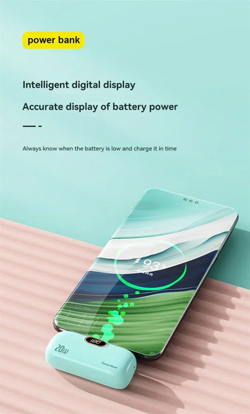 Power bank with digital display on a smartphone, on a light blue background
