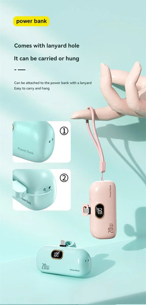 Power bank with lanyard hole on a light blue background