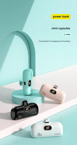 Power bank mini capsules with LED display on a light blue background