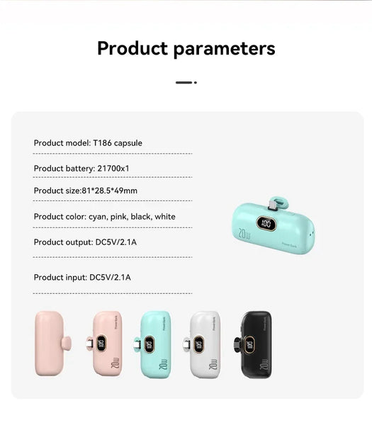 Product parameters of a small electronic device with color options displayed.