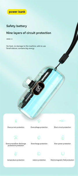Power bank with safety battery features and circuit protection on a light blue background
