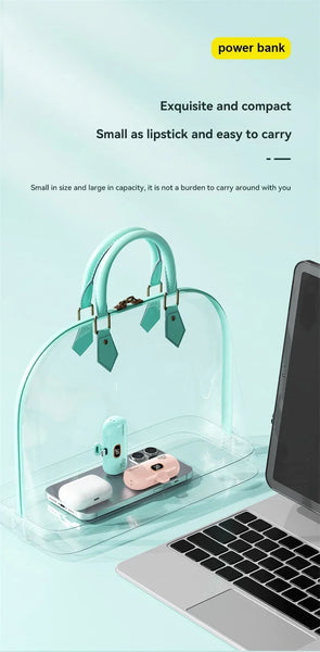 Small power bank with a lip-shaped design on a light blue background
