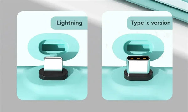 Two USB connectors labeled 'Lightning' and 'Type-c version' on a light gray background.