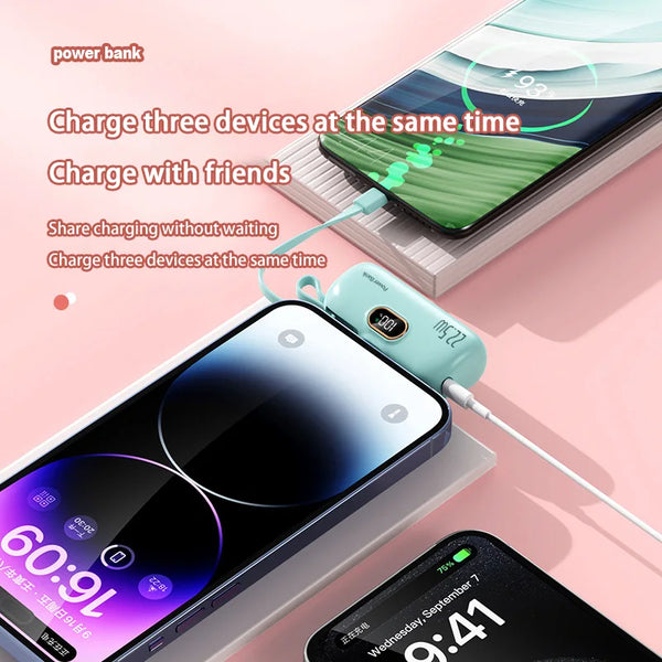 Power bank charging multiple devices with text on a pink background