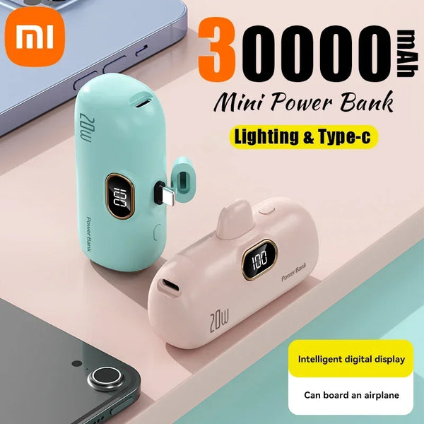 Two mini power banks with digital displays on a light background, featuring Xiaomi branding.
