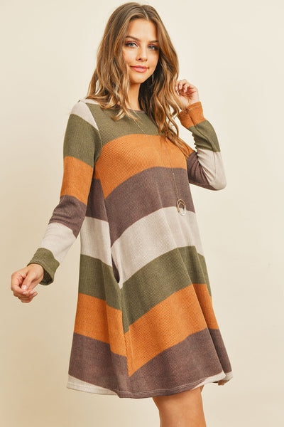 Long Sleeved Rib Stripe Pocket Dress - Regeneration Zone