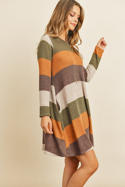 Long Sleeved Rib Stripe Pocket Dress - Regeneration Zone