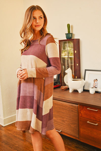 Long Sleeved Rib Stripe Pocket Dress - Regeneration Zone