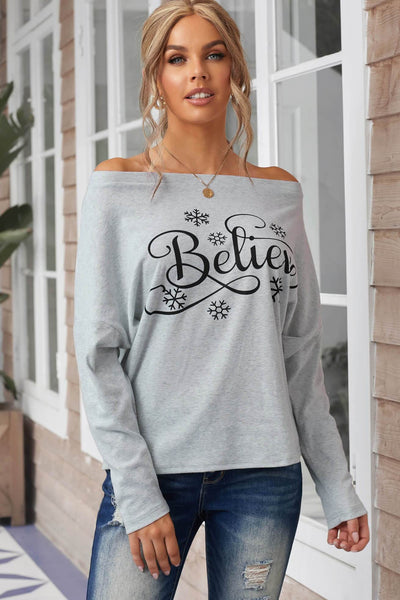 Off-the-shoulder Believe Snowflake Pattern Long Sleeve Top - Regeneration Zone