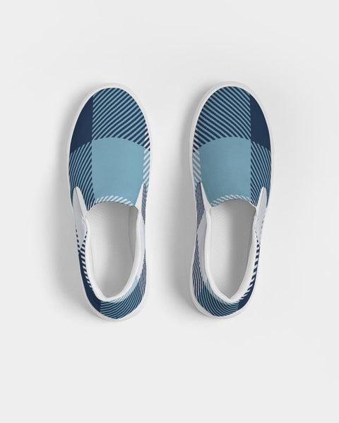Mens Sneakers, Blue Plaid Low Top Slip-On Canvas Sports Shoes - PZQ475 - Regeneration Zone