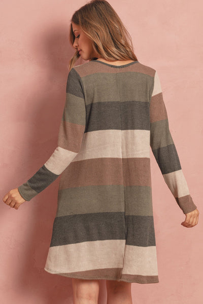 Long Sleeved Rib Stripe Pocket Dress - Regeneration Zone