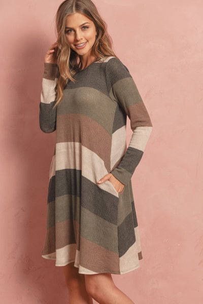 Long Sleeved Rib Stripe Pocket Dress - Regeneration Zone