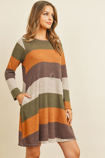 Long Sleeved Rib Stripe Pocket Dress - Regeneration Zone