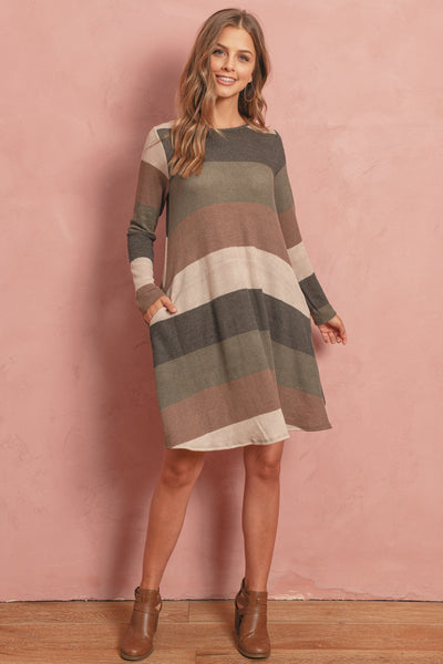 Long Sleeved Rib Stripe Pocket Dress - Regeneration Zone