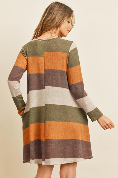 Long Sleeved Rib Stripe Pocket Dress - Regeneration Zone