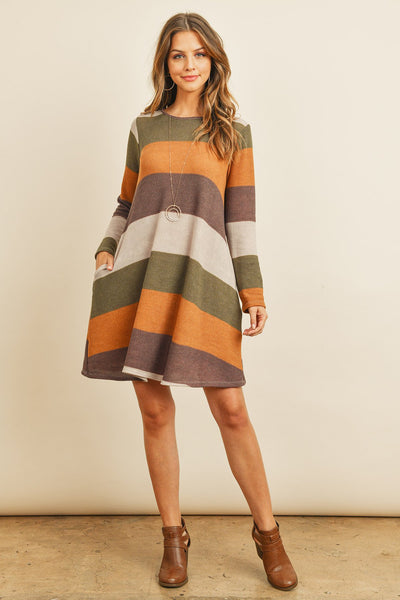 Long Sleeved Rib Stripe Pocket Dress - Regeneration Zone