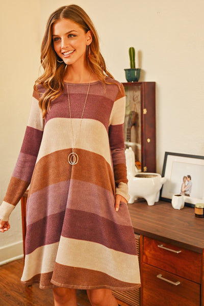 Long Sleeved Rib Stripe Pocket Dress - Regeneration Zone