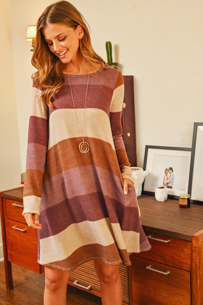 Long Sleeved Rib Stripe Pocket Dress - Regeneration Zone