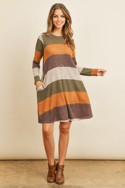 Long Sleeved Rib Stripe Pocket Dress - Regeneration Zone