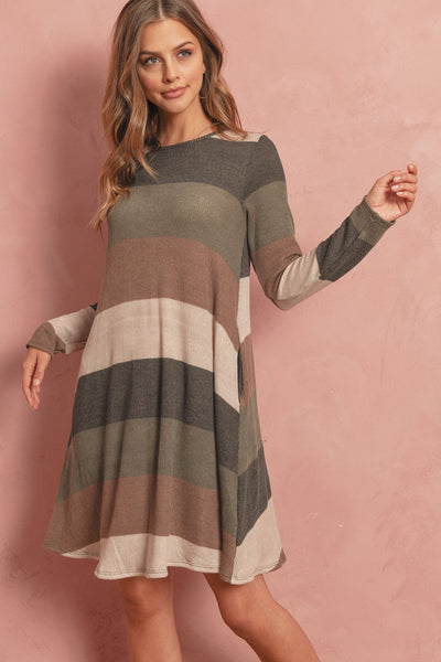 Long Sleeved Rib Stripe Pocket Dress - Regeneration Zone