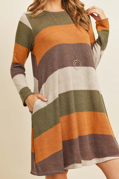 Long Sleeved Rib Stripe Pocket Dress - Regeneration Zone