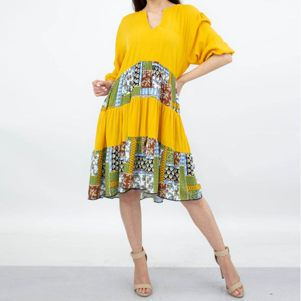 Three Tiered Color Block Dress - Yellow - Regeneration Zone