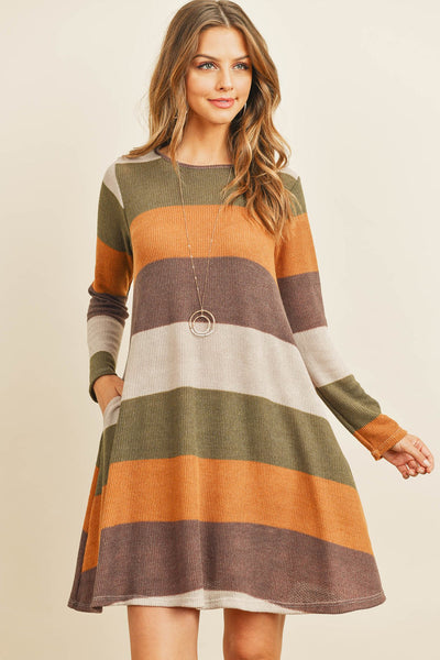 Long Sleeved Rib Stripe Pocket Dress - Regeneration Zone