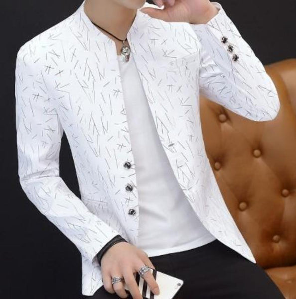 Mens Slim Round Stand Collar Pattern Blazer - Regeneration Zone