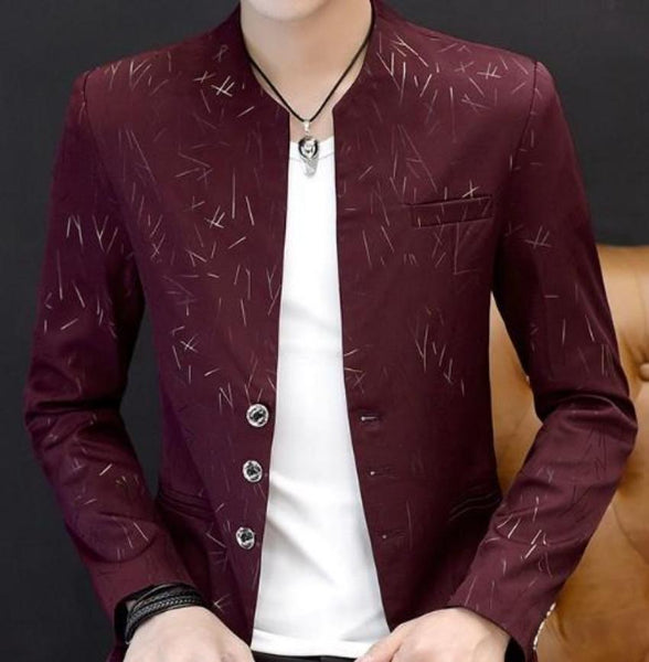 Mens Slim Round Stand Collar Pattern Blazer - Regeneration Zone