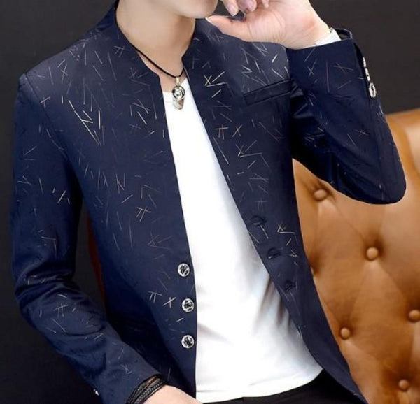 Mens Slim Round Stand Collar Pattern Blazer - Regeneration Zone