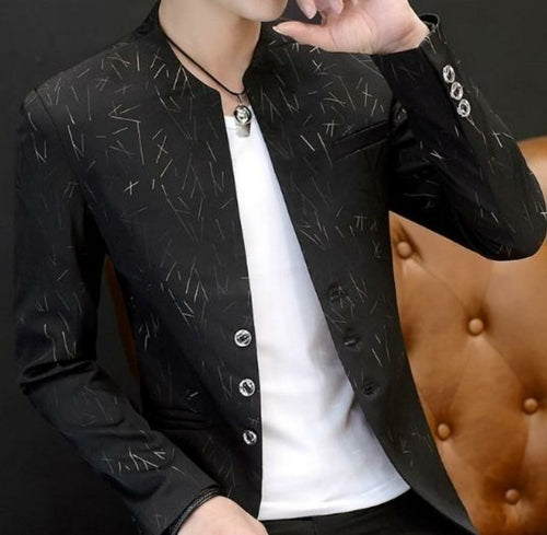 Mens Slim Round Stand Collar Pattern Blazer - Regeneration Zone