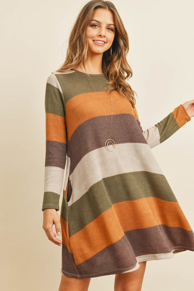 Long Sleeved Rib Stripe Pocket Dress - Regeneration Zone