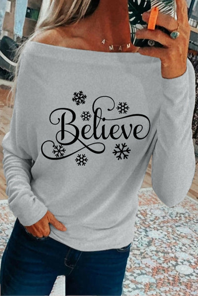 Off-the-shoulder Believe Snowflake Pattern Long Sleeve Top - Regeneration Zone