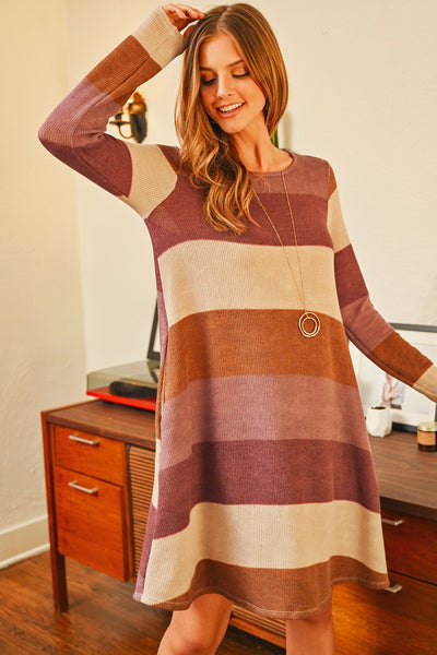 Long Sleeved Rib Stripe Pocket Dress - Regeneration Zone