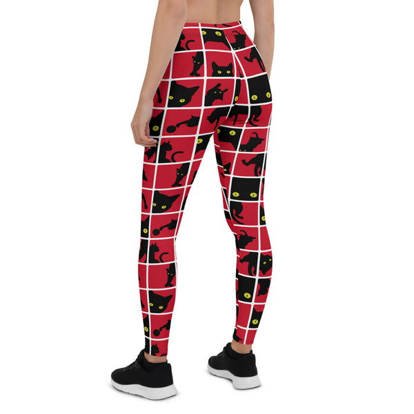 Black Cat Silhouette on Red Leggings - Regeneration Zone