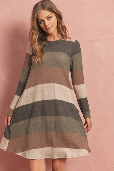 Long Sleeved Rib Stripe Pocket Dress - Regeneration Zone