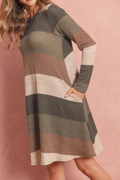 Long Sleeved Rib Stripe Pocket Dress - Regeneration Zone