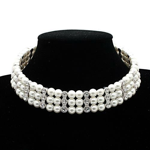 LO1609 - Rhodium Brass Necklace with Synthetic Pearl in White - Regeneration Zone